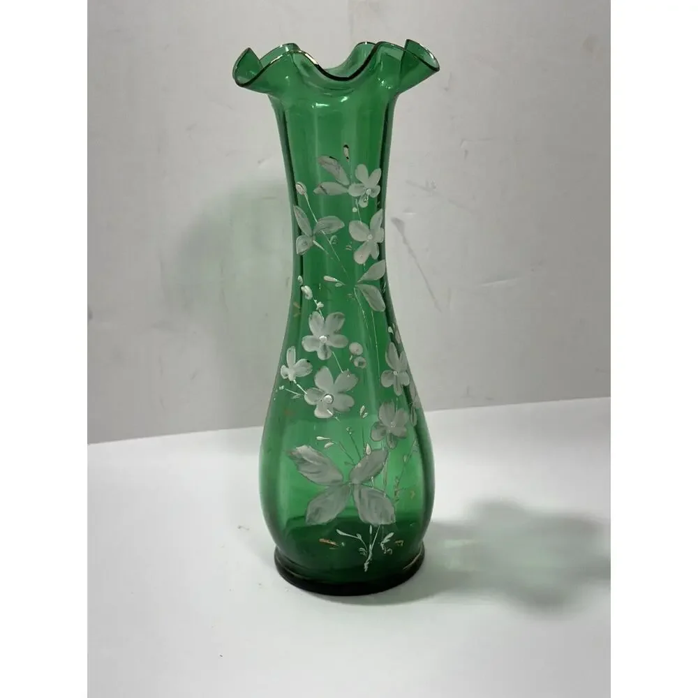 Antique Hand Blown Emerald Glass Vase Moser? Painted Enamel‎ Ruffled Edge 9.5”